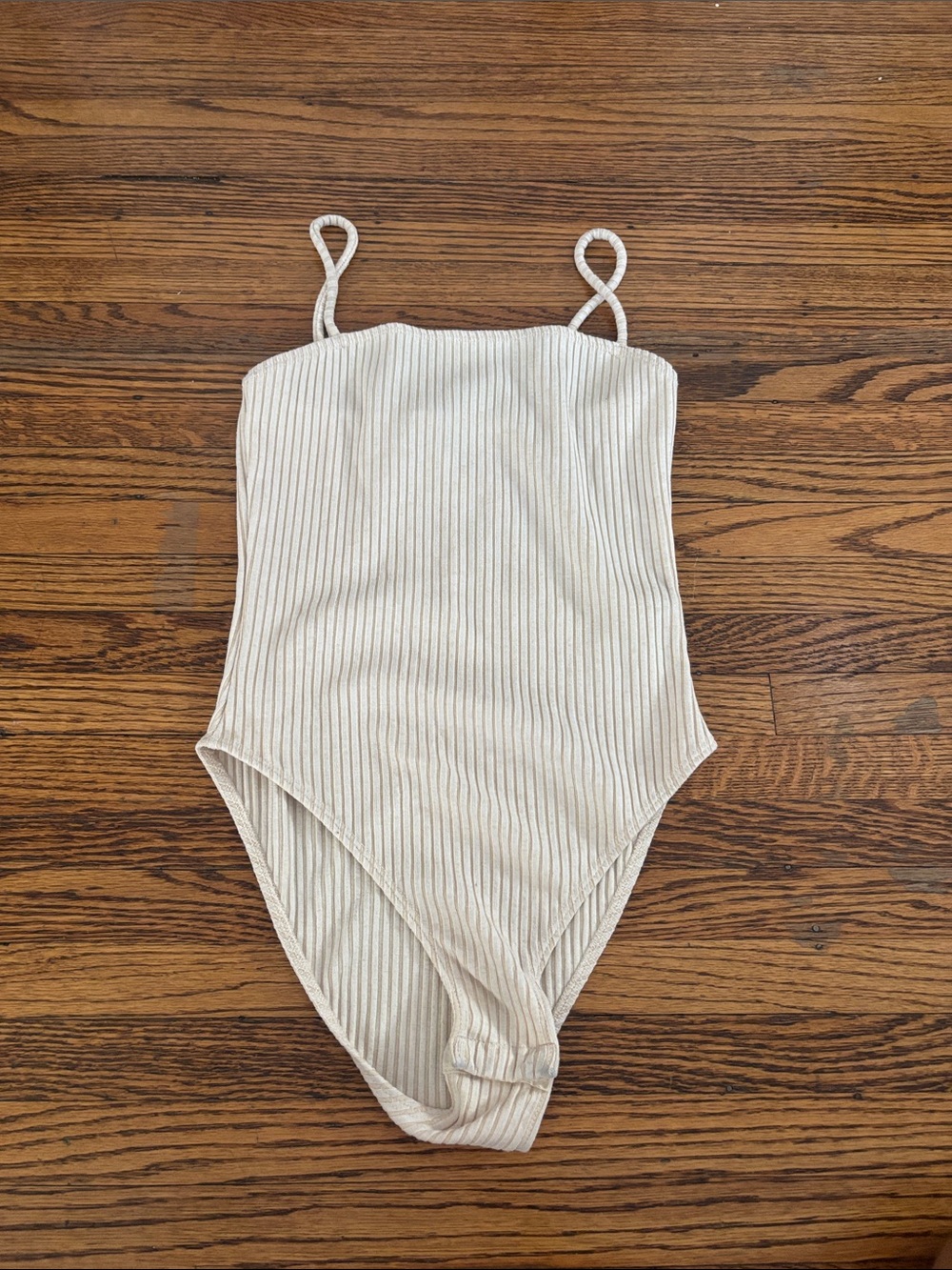 Topshop Ribbed Nude-Beige Spaghetti Strap Bodysuit